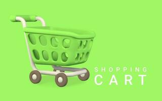 3d leeren Grün Einkaufen Wagen auf ein Grün Hintergrund. Einkaufen Konzept. Vektor Illustration