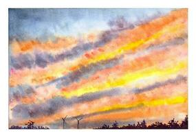 Hand gezeichnet Aquarell Sonnenuntergang Himmel mit Gebüsch und Windmühlen Silhouetten auf das Horizont. vektor