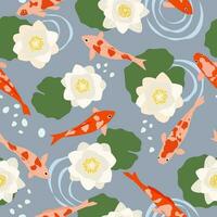 nahtlos Muster mit Osten asiatisch Ornament. das Fisch schwimmt im das See, das Blumen von das Wasser Lilie, Lotus. Vektor Grafik.