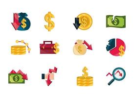 Finanzkrise Wirtschaft Geld Börsencrash Icons Set isoliertes Symbol vektor