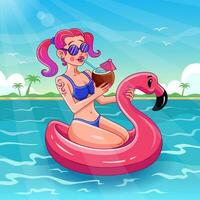 schön Mädchen auf ein Flamingo Schwimmen Ring Getränke ein Cocktail von ein Stroh. Vektor Karikatur Illustration zum Sommer- Fall. Sommer- Landschaft Illustration mit Meer und Palme Bäume
