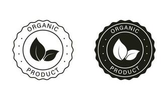 naturlig och ekologi produkt vegan mat klistermärke. organisk mat märka uppsättning. bio friska eco mat linje och silhuett tecken. 100 procent organisk svart ikoner. isolerat vektor illustration.
