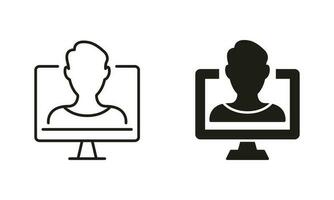 online Bildung Silhouette und Linie Symbol Satz. online Ausbildung schwarz unterzeichnen. entfernt Ausbildung, Beratung, E-Learning und online Webinare. Lehrer und Computer Bildschirm. isoliert Vektor Illustration.