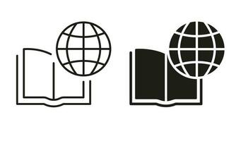 International Bildung Silhouette und Linie Symbol Satz. global Lernen, Entfernung Ausbildung, online Kurse. Akademie online Bibliothek. öffnen Buch mit Globus schwarz unterzeichnen. isoliert Vektor Illustration.