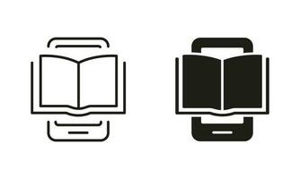 ebook på mobil telefon silhuett och linje ikon uppsättning. elektronisk bok enhet för utbildning och lutande. e-bok läsare, e-läsare svart tecken. smartphone med öppen e-bok. vektor isolerat illustration.