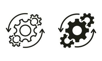 Ausrüstung und runden Pfeil Geschäft Technologie Prozess schwarz Symbol Sammlung. Arbeitsablauf Zahn Rad Symbol Piktogramm. Kreis Ausrüstung Arbeit Fortschritt Linie und Silhouette Symbol Satz. isoliert Vektor Illustration.