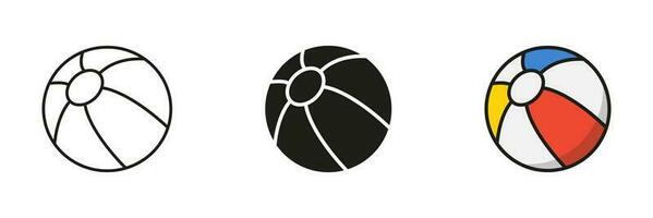 strand boll svart silhuett och linje ikon uppsättning. boll för spela sporter spel fast och översikt svart och Färg symbol samling på vit bakgrund. isolerat vektor illustration.