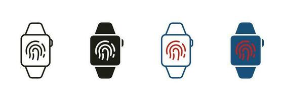 biometrisch Identifizierung Piktogramm. Clever Uhr mit Fingerabdruck. berühren Ich würde Technologie im Smartwatch Linie und Silhouette Symbol Satz. Sicherheit Berührungssensitiver Bildschirm Symbol Sammlung. isoliert Vektor Illustration.