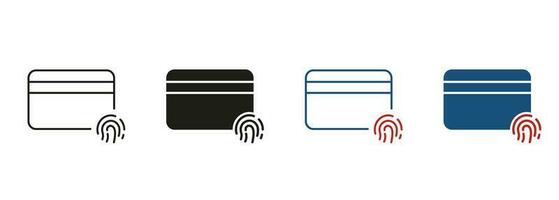 Plastik Karte mit Daumenabdruck. finanziell Identität durch Fingerabdruck Piktogramm. Anerkennung Karte mit Fingerabdruck Linie und Silhouette Symbol Satz. Identifizierung Technologie unterzeichnen. isoliert Vektor Illustration.