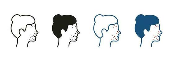 flicka med finnar på ansikte linje och silhuett ikon uppsättning. kvinna med pormask, acne, utslag piktogram. dermatologisk problem, allergi, hud inflammation symbol samling. isolerat vektor illustration.