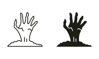 tot Mann Hand kleben aus Boden Linie und Silhouette schwarz Symbol Satz. Zombies Hand Halloween Dekorationen Piktogramm. unheimlich Monster knochig Arm Symbol Sammlung. isoliert Vektor Illustration.