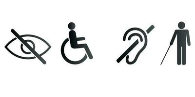 Zeichen Menschen mit Behinderungen. ein deaktiviert Person Sitzung im ein Rollstuhl, ein Person mit ein Stock, blind, taub. haben müssen Symbole zum Öffentlichkeit Räume, Netz Design, und App Design vektor