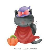 härlig svart katt i en häxans hatt för halloween. vektor