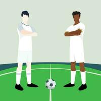 Spiel Vorschau Anzeigen zwei männlich Fußballer innerhalb ein Fußball Feld Vektor Illustration. England vs. Ghana.