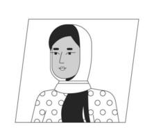 söt kvinna i hijab svart vit tecknad serie avatar ikon. ung vuxen muslim kvinna. redigerbar 2d karaktär användare porträtt, linjär platt illustration. vektor ansikte profil. översikt person huvud och axlar