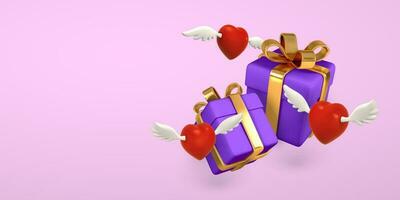 3d fliegend Herzen mit Flügel und Geschenk Box auf ein Licht rot Hintergrund. Valentinstag Tag Design. Vektor Illustration