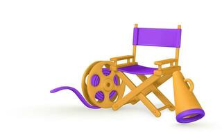 bio och film tid. filma rulle, direktör stol, högtalare i plast tecknad serie stil. vektor illustration