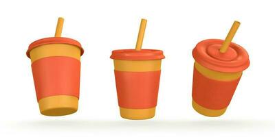 3d realistisk papper kopp med dricka sugrör. glas för soda, juice, kaffe, te i tecknad serie stil. vektor illustration