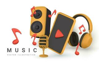 3d Musik- Banner. realistisch Mikrofon, Smartphone, Musik- Anmerkungen, Kopfhörer und Audio- Lautsprecher im Plastik Karikatur Stil. Vektor Illustration