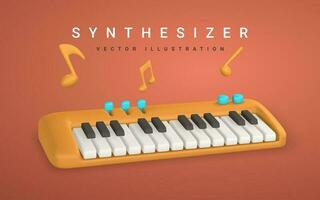 3d realistisch Synthesizer mit Musik- Notiz. Musik- Konzept Design im Plastik Karikatur Stil. Vektor Illustration