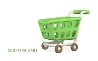 3d leeren Grün Einkaufen Wagen auf ein Weiß Hintergrund. Einkaufen Konzept. Vektor Illustration