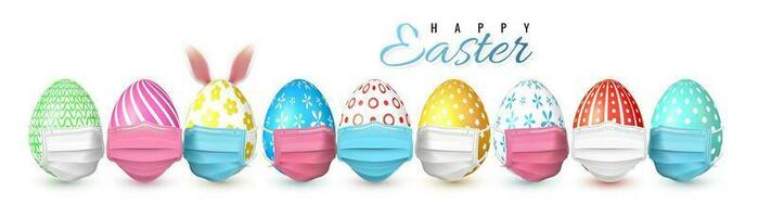 glücklich Ostern. Farbe Ostern Ei im medizinisch Gesicht Maske auf Weiß Hintergrund. Vektor Illustration
