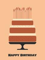 Lycklig födelsedag. stor kex födelsedag kaka med grädde och ljus på en rosa vertikal bakgrund. vektor. vektor