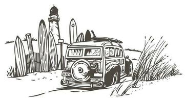 handgemacht Vektor Illustration von Strand Landschaft mit Jahrgang Surfer Wagen.