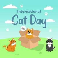 vektor söt internationell katt dag platt hand dragen tema katt spelar i de parkera illustration