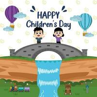 Einspeisungen glücklich Kinder Tage Hand gezeichnet Wasserfall und Brücke Illustration vektor