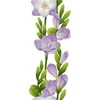 vertikal sömlös gräns med lila fresia blommor och grön knoppar. blommig prydnad med lila blommor. botanisk blomma illustration för bröllop design, tapet, reklam. vektor