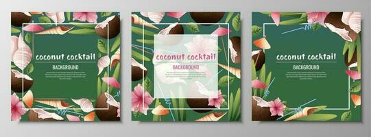 uppsättning av vykort mallar med kokos cocktails, paraplyer, hibiskus blommor, skal.bakgrund med strand drycker för fester, högtider, reklam. sommar baner med kokos tropisk frukt vektor