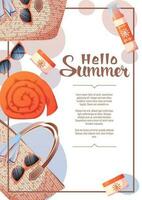 Flyer Design mit Sommer- Zubehör. Korbweide Tasche, Handtuch, Sonnencreme. Strand Stimmung, Sommer- Zeit. Banner Poster, Hintergrund zum Sommer- Party, Werbung Förderung, Einladung. vektor