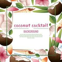 bakgrund med kokos cocktails, paraplyer, hibiskus blommor, snäckskal. vykort med strand drycker för fester, högtider, reklam. sommar baner med kokos tropisk frukt vektor