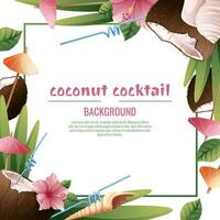 bakgrund med kokos cocktails, paraplyer, hibiskus blommor, snäckskal. vykort med strand drycker för fester, högtider, reklam. sommar baner med kokos tropisk frukt vektor