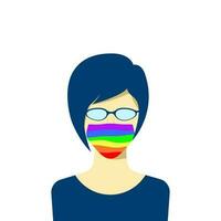 jung weiblich Charakter Benutzerbild im Schutz Gesicht Maske. lgbt Stolz Farben. Toleranz Konzept. Vektor