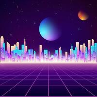 neon retro stad landskap i neon färger. cyberpunk trogen stad. sci-fi bakgrund abstrakt digital arkitektur. vektor illustration