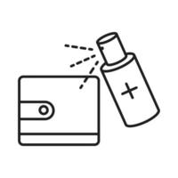 Reinigungsdesinfektionssprüherflüssigkeit auf Brieftasche Coronavirus-Präventions-Desinfektionsmittel-Liniensymbol vektor