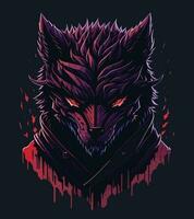 ein detailliert Illustration Gesicht böse Ninja Wolf, Magie, T-Shirt Design, rot Farbe , dunkel Magie Spritzen, dunkel, gotisch, T-Shirt Design vektor