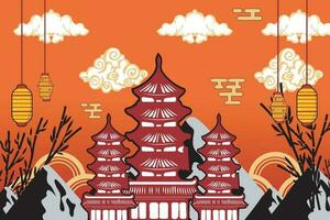 Vektor von uralt China Tempel Gebäude und China Wolke Berge, Laternen und Chinesisch Elemente