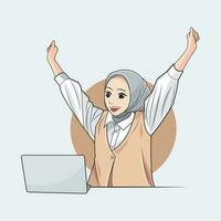 asiatisch Frau im Hijab Arbeiten auf Laptop. schön jung lächelnd Frau im Hijab freut sich im Sieg während Sitzung beim Schreibtisch und Arbeiten beim Laptop Vektor Illustration Profi herunterladen