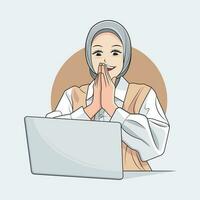 ung kvinna i hijab leende ser på resultat på bärbar dator vektor illustration fri ladda ner