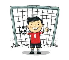 Fußball Torwart behalten Tor Vektor Illustration, Karikatur Kinder handgemalt Stil. Kinder spielen Fußball