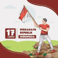 17 agustus. indonesiska oberoende hälsning kort med man innehav indonesiska flagga vektor illustration fri ladda ner