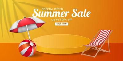 sommarförsäljnings erbjudande banner med piedestal display med orange bakgrund vektor
