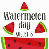 Wassermelone Tag, August 3. Hintergrund mit Herzliche Glückwünsche zum das amerikanisch Urlaub. Karikatur groß und klein Wassermelone Scheiben auf ein Weiß. Vektor Illustration zum Poster, Aufkleber, Banner, Postkarte