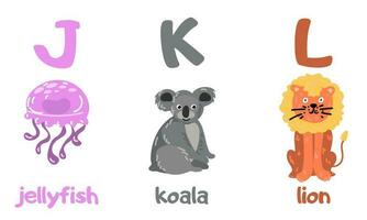 Englisch Alphabet mit ein einstellen von Vektor Abbildungen von süß Tiere. ein Gruppe von isoliert Großbuchstaben Briefe mit Tiere. Kinder- Schriftart zum Kinder ABC Buch Symbole Pack. Qualle, Koala, Löwe