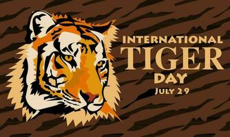 International Tiger Tag auf Juli 29. das groß Kopf von das Ruhe Tiger sieht aus weg. Porträt von ein Tiger. geeignet zum Drucken auf Postkarten, Banner, Flyer. das Gesicht von ein Niedlich, Ruhe Tiger vektor