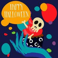 illustration av en häxans hand, en muffin med en skalle och ben på ett abstrakt ljus bakgrund med de inskrift Lycklig halloween för en fest inbjudan kort, affisch. dag av de död- baner skriva ut vektor