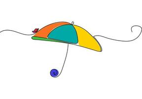 Regenbogen Regenschirm gezeichnet mit einer Linie. ein wenig Schmetterling. saisonal Artikel zum Mode. lineart Vektor zum Banner, Logo und Website